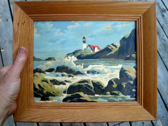 Available for sale at https://www.etsy.com/ca/listing/156840219/paint-by-number-lighthouse-scene-cottage